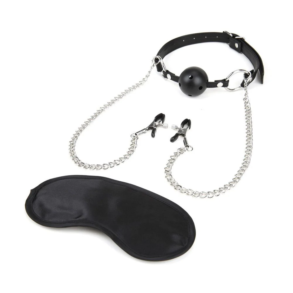 Breathable Ball Gag With Chained Nipple Clamps
