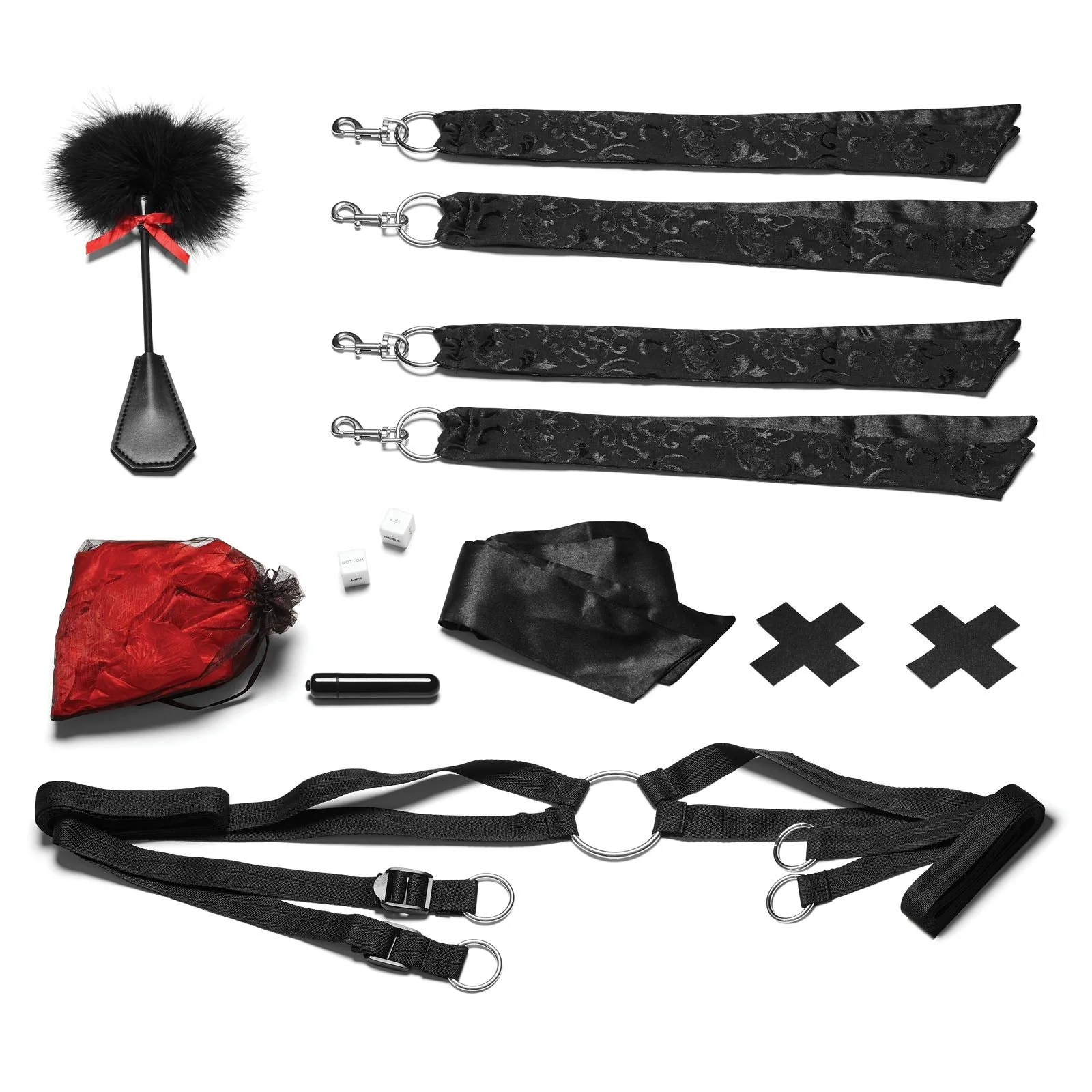 Night of Romance 6PC Bedspreader and Bed Restraint Set with Satin Cuffs and Rose Petals